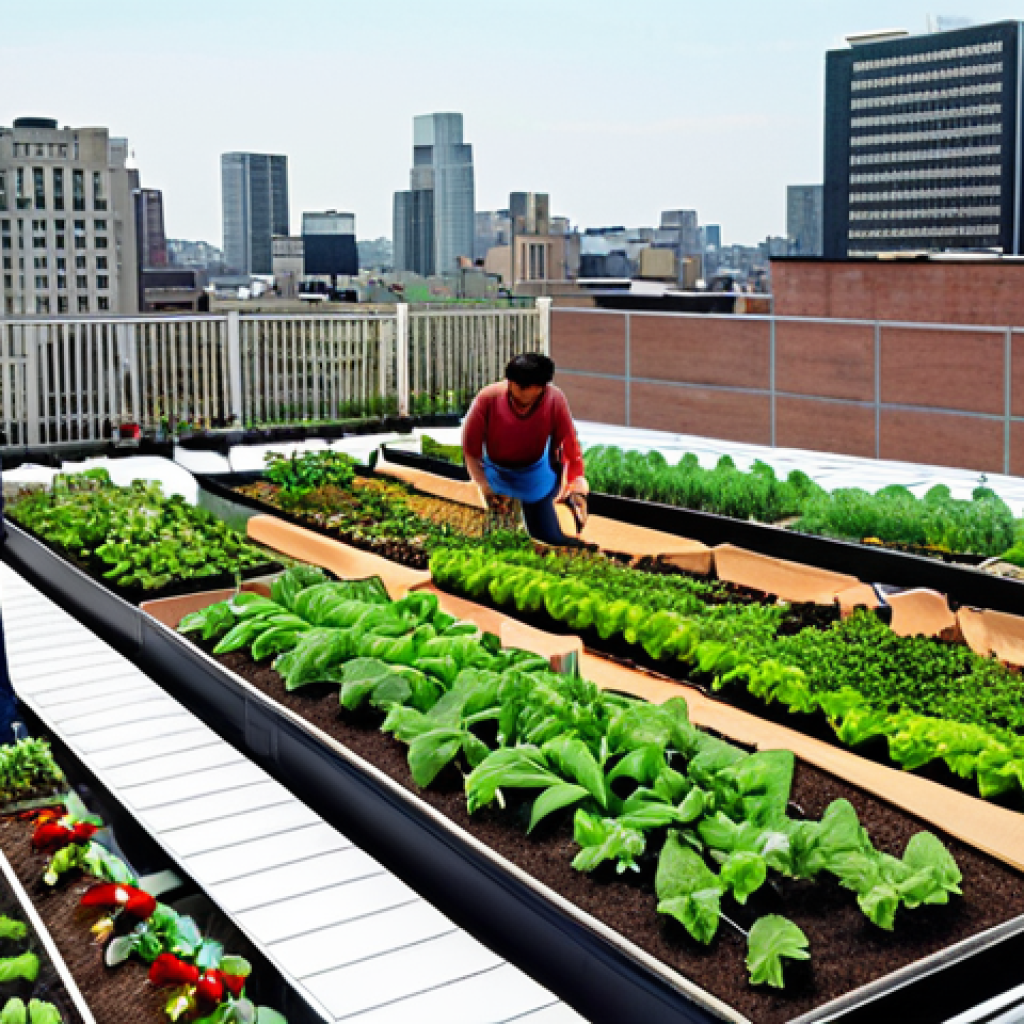 **Rooftop Garden in a City:** A vibrant rooftop garden in a bustling city. People of diverse backgrounds are tending to plants, vegetables, and flowers. In the background, modern buildings are visible, showcasing a blend of urban life and local agriculture.
