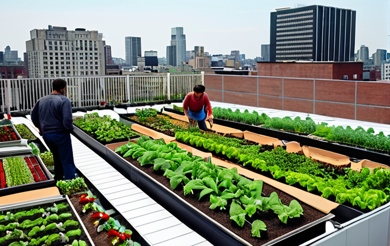 **Rooftop Garden in a City:** A vibrant rooftop garden in a bustling city. People of diverse backgrounds are tending to plants, vegetables, and flowers. In the background, modern buildings are visible, showcasing a blend of urban life and local agriculture.