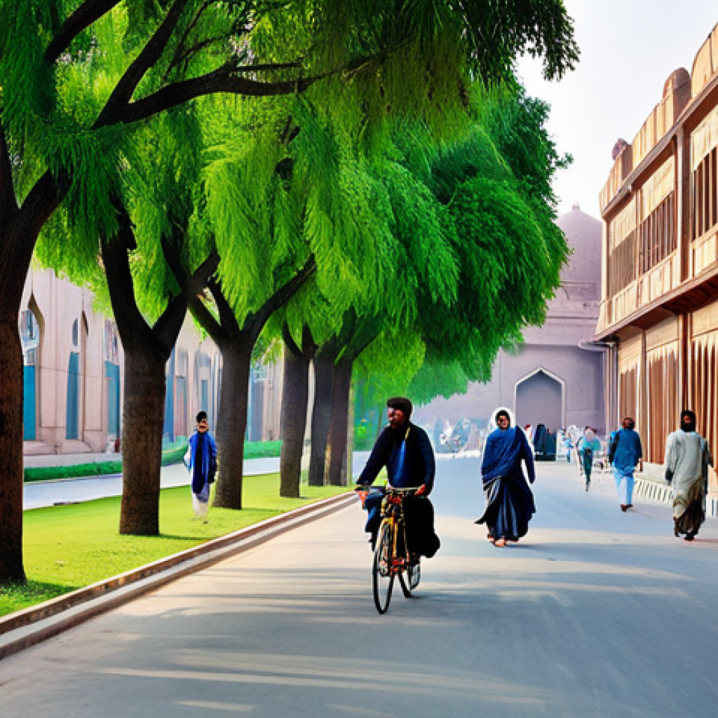 **
"A vibrant, modern city street scene in Pakistan, incorporating historic buildings alongside new, eco-friendly designs. People are walking and cycling. Lush green spaces and trees line the avenues. The architecture reflects a blend of traditional Mughal and contemporary styles. Appropriate attire, safe for work, perfect anatomy, natural proportions, professional photography, high quality, fully clothed, modest, family-friendly. Focus on the architectural details and the harmony between old and new."
**