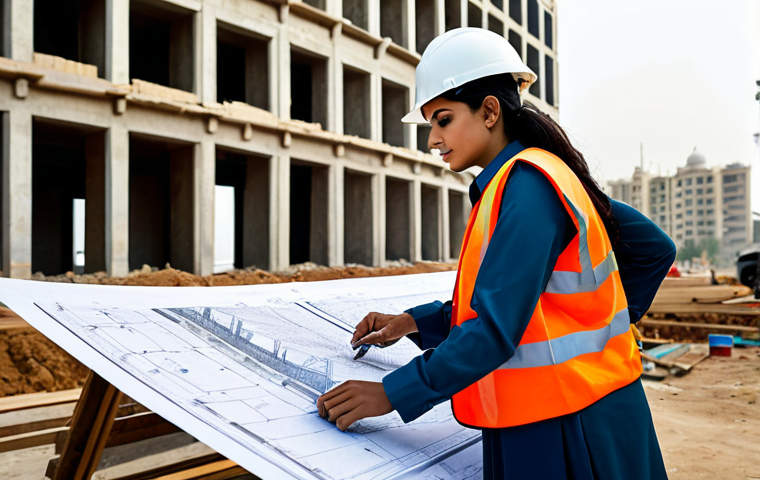 **
"A professional female architect, fully clothed in modest business attire, reviewing blueprints on a construction site in Karachi, Pakistan. Background shows a modern building under construction with workers in appropriate attire. Safe for work, appropriate content, perfect anatomy, natural proportions, professional, family-friendly, high resolution, realistic."
**