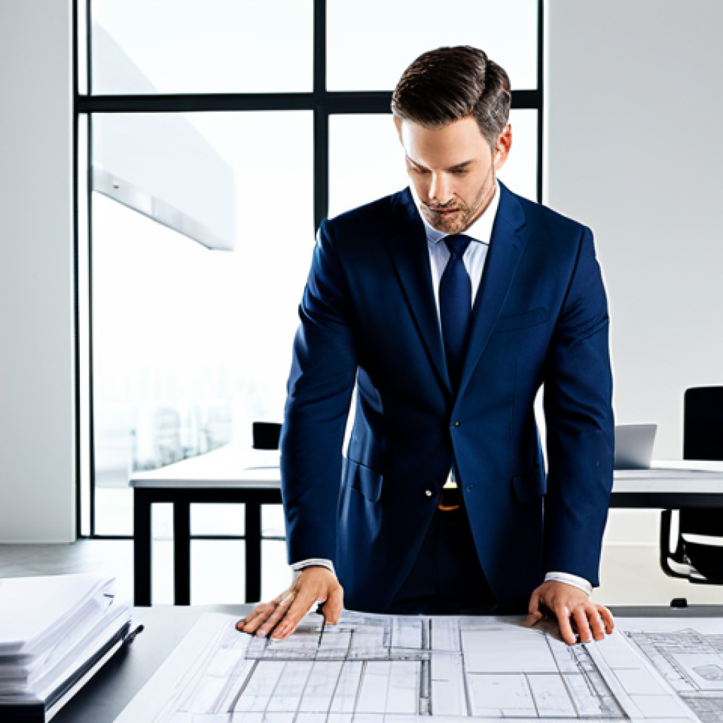 "A professional architect, fully clothed in modest office attire, reviewing blueprints in a bright, modern studio. Safe for work, appropriate content, perfect anatomy, natural proportions, family-friendly."