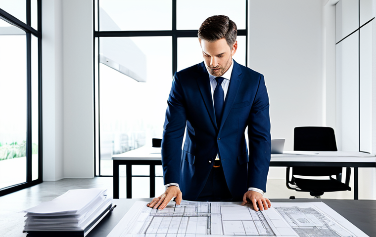 "A professional architect, fully clothed in modest office attire, reviewing blueprints in a bright, modern studio. Safe for work, appropriate content, perfect anatomy, natural proportions, family-friendly."