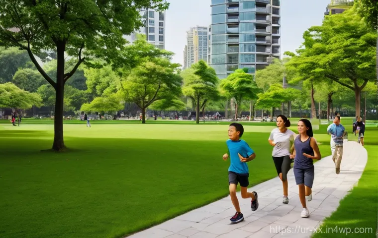 도시재생을 위한 생태적 조경 설계 - **Prompt 1: A Vibrant Urban Oasis**
"A wide-angle, highly detailed photograph capturing a bustli...