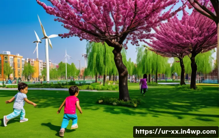 도시재생과 환경 지속 가능성의 미래 - A vibrant urban park scene in a modern Pakistani city during springtime, featuring diverse families ...