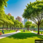 Home 22 도시 재생을 위한 생태적 인프라 구축 - A vibrant urban park scene in a modern Pakistani city, showcasing lush green spaces with tall shade-...