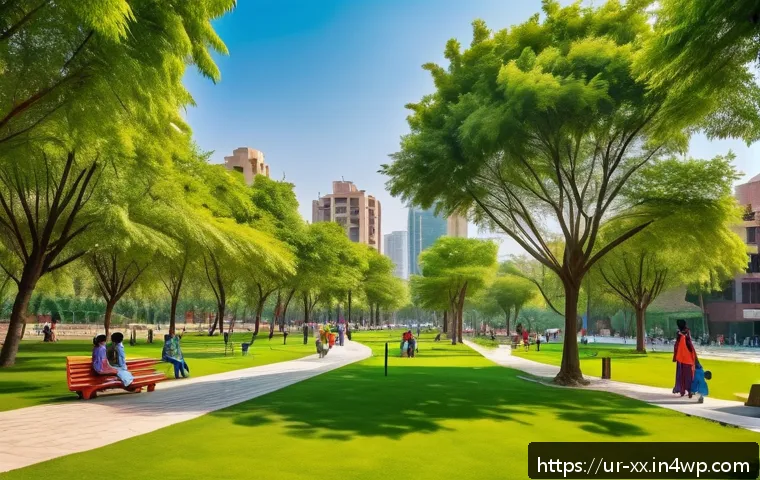 도시 재생을 위한 생태적 인프라 구축 - A vibrant urban park scene in a modern Pakistani city, showcasing lush green spaces with tall shade-...