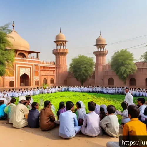 Home 33 생태적 도시재생을 위한 시민 교육 프로그램 - A vibrant urban community park scene in Lahore, Pakistan, showing diverse children and adults partic...