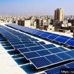 Home 20 도시 재생을 위한 에너지 자립형 모델 - A vibrant urban rooftop scene in Karachi at midday, featuring modern solar panels installed on multi...