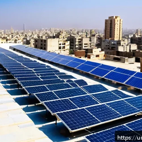 Home 32 도시 재생을 위한 에너지 자립형 모델 - A vibrant urban rooftop scene in Karachi at midday, featuring modern solar panels installed on multi...