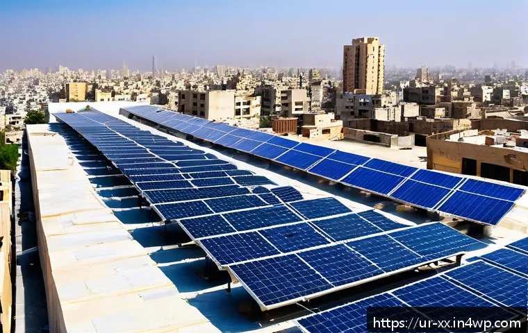 도시 재생을 위한 에너지 자립형 모델 - A vibrant urban rooftop scene in Karachi at midday, featuring modern solar panels installed on multi...
