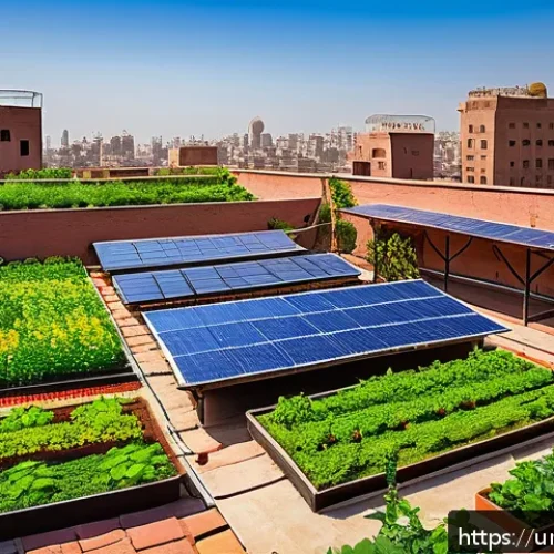 Home 17 기후 변화 대응을 위한 도시재생 전략 - A vibrant urban rooftop garden in a bustling Pakistani city, featuring diverse green plants, floweri...
