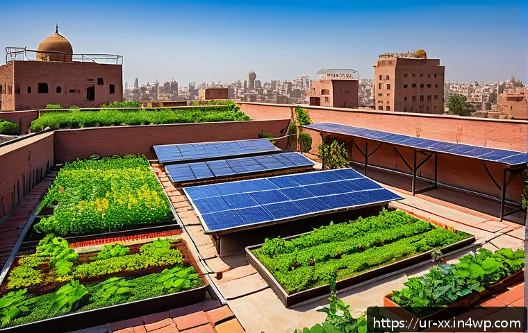 기후 변화 대응을 위한 도시재생 전략 - A vibrant urban rooftop garden in a bustling Pakistani city, featuring diverse green plants, floweri...